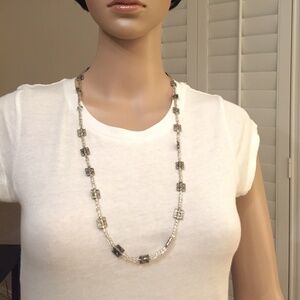 Handmade beaded necklace with Clear beads and silver square beads